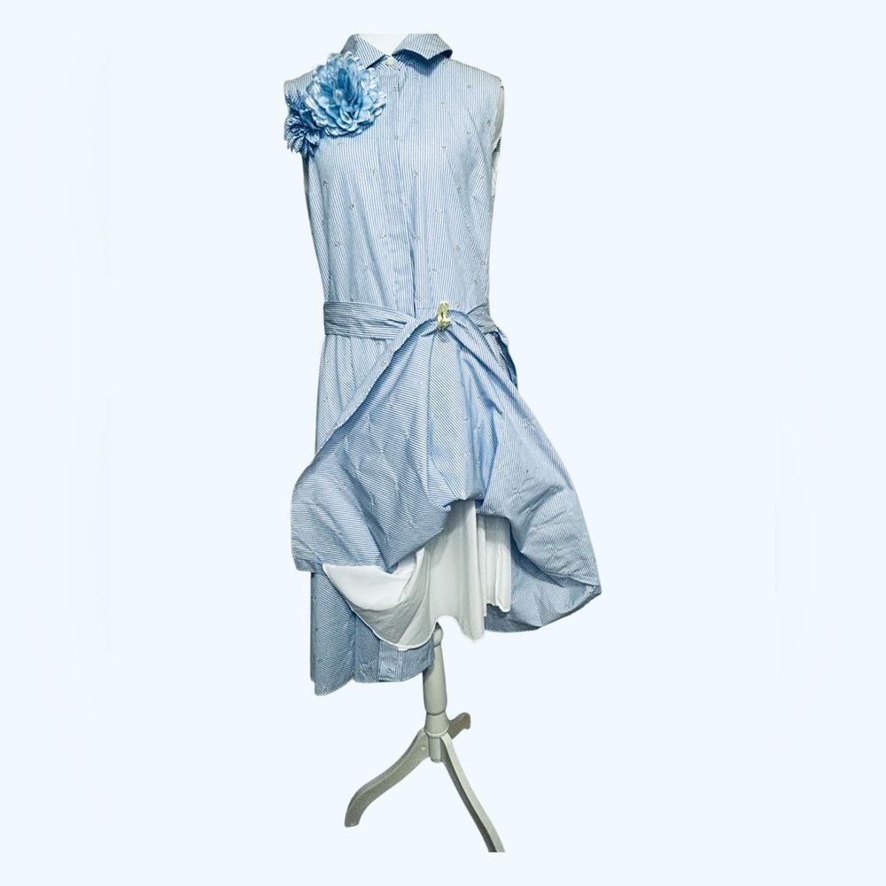 BADGLEY MISCHKA NEW SKY BLUE STRIPE FLORAL GOLD EMBROID MIDI DRESS 10 - Picture 8 of 13